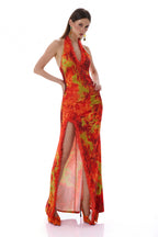 Abstract Print Halter Neck Slit Maxi Dress