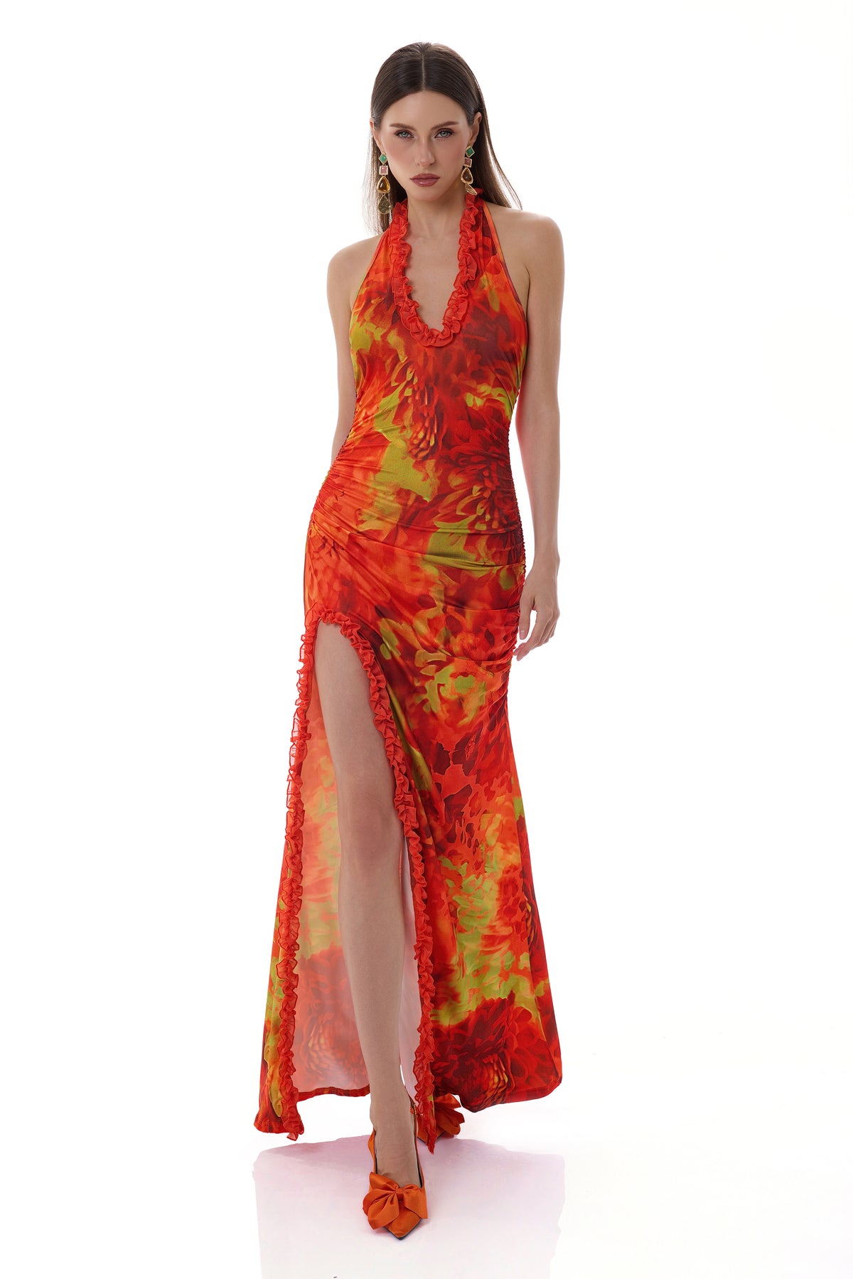 Abstract Print Halter Neck Slit Maxi Dress