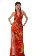 Abstract Print Halter Neck Slit Maxi Dress