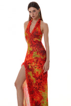 Abstract Print Halter Neck Slit Maxi Dress