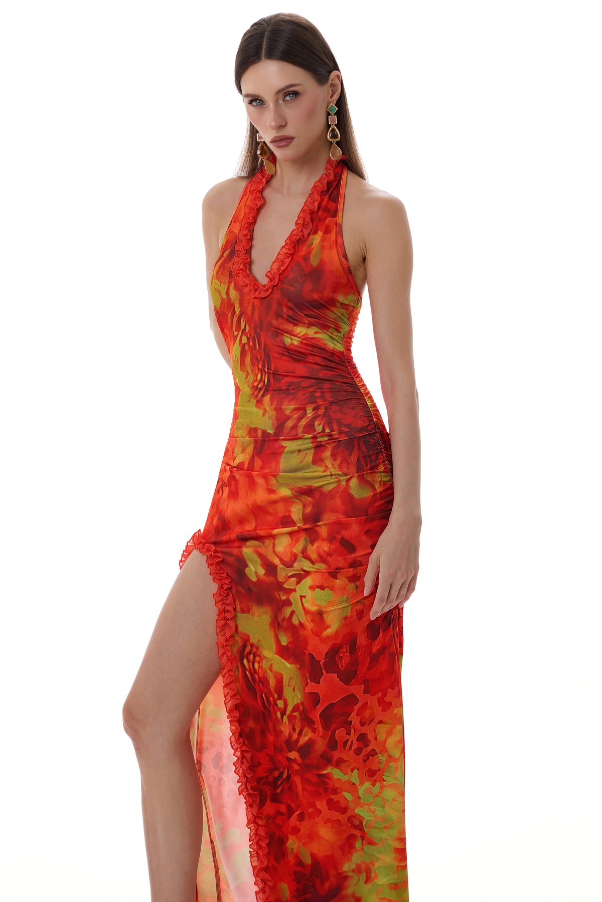 Abstract Print Halter Neck Slit Maxi Dress