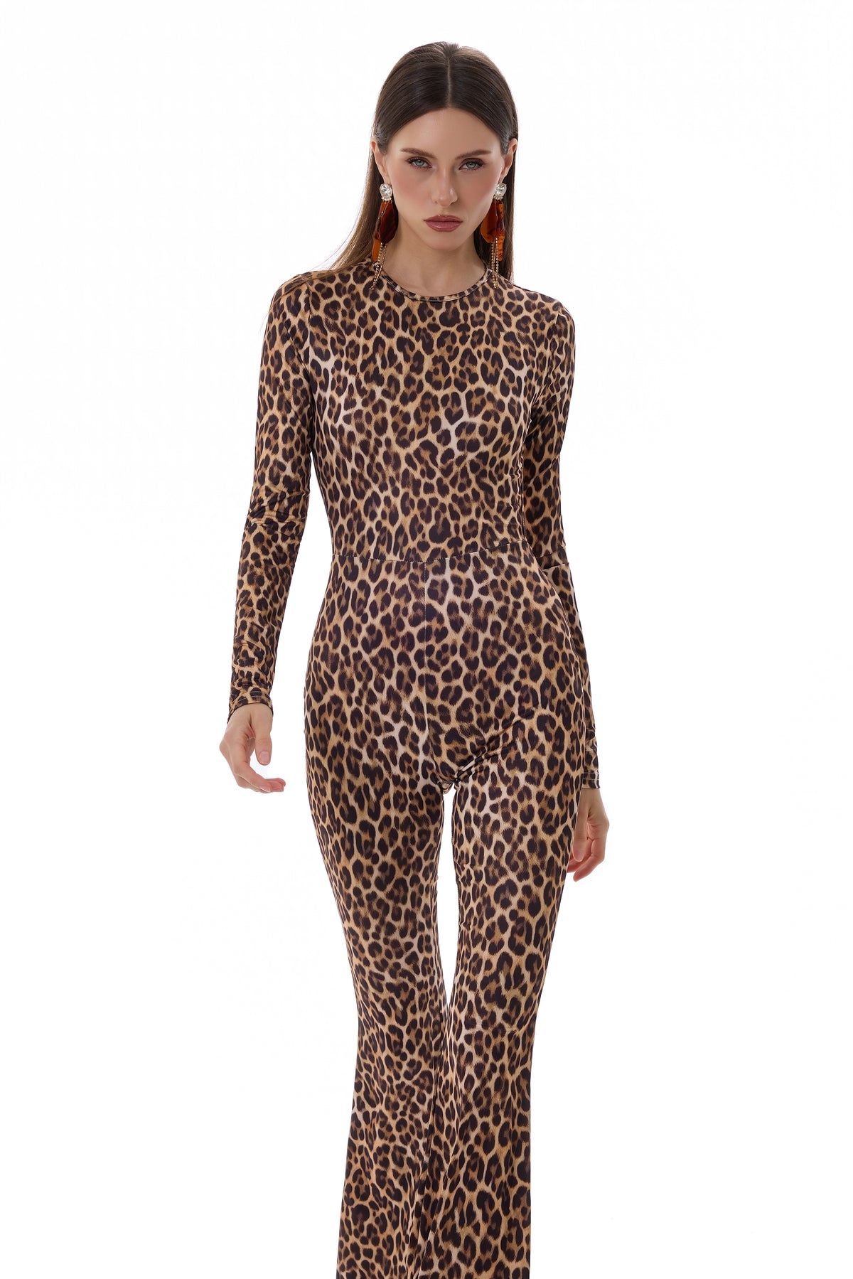 Leopard Print  Long Sleeve Backless  Jumpsuit