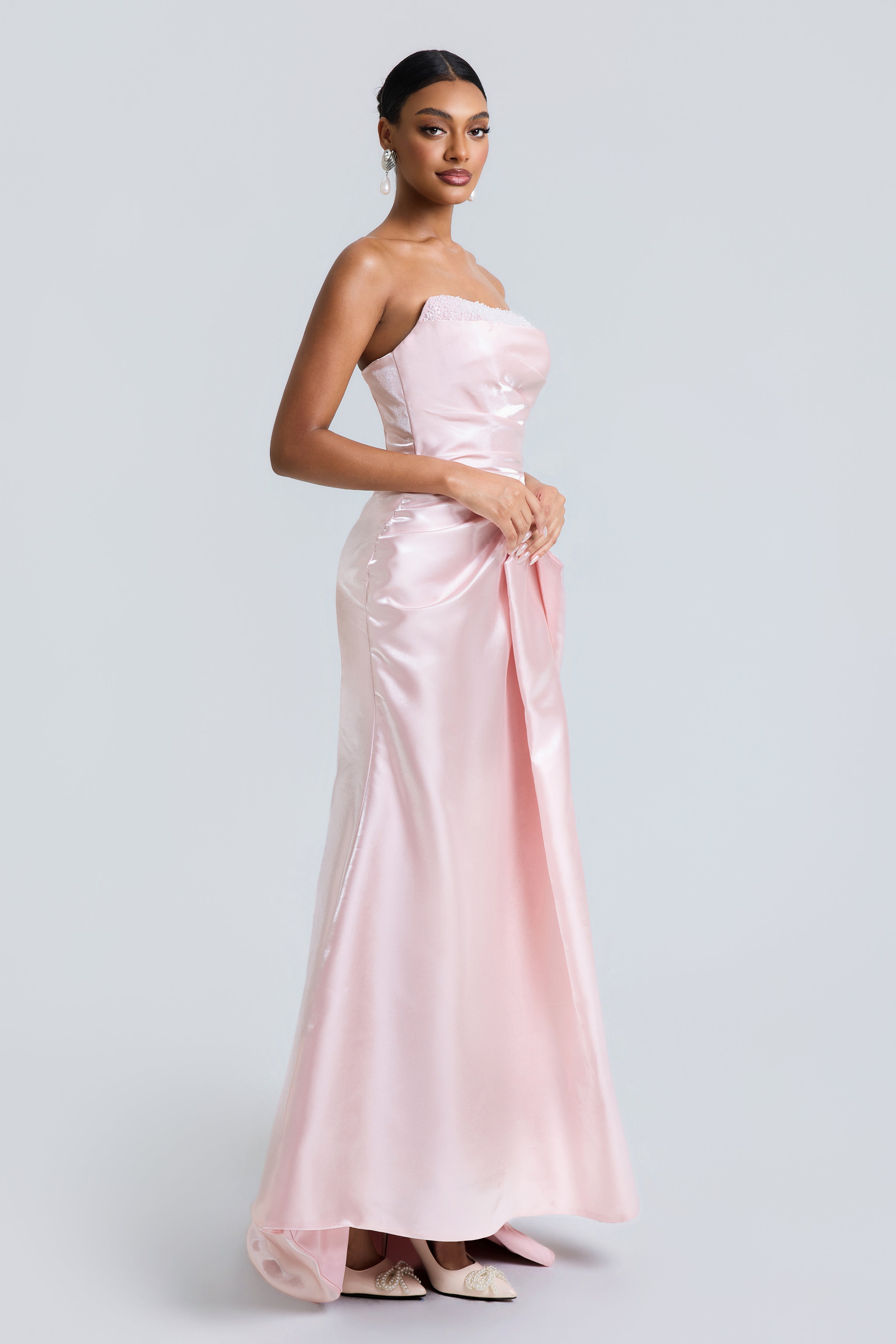 Satin Rivet Off-Shoulder Maxi Dress