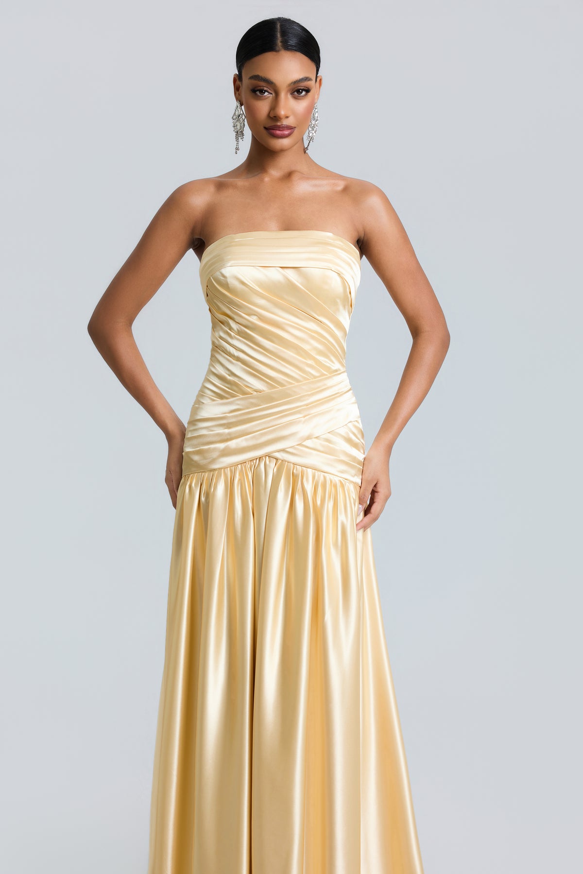 Satin Off Shoulder Pleated Maxi Dress