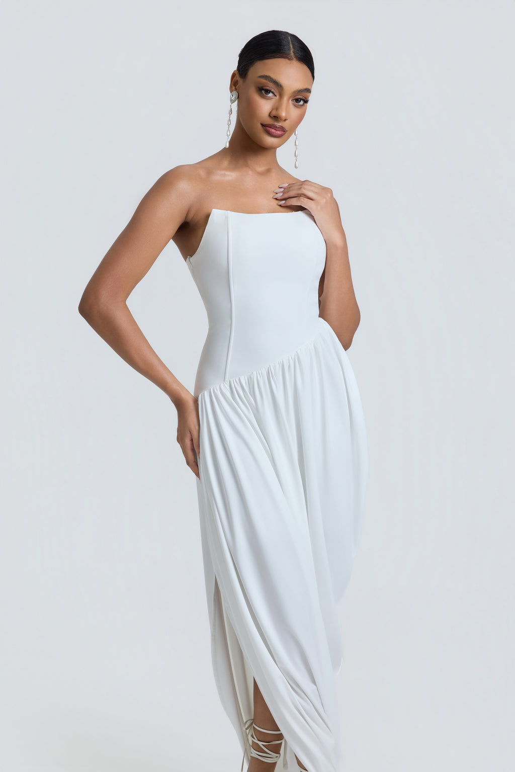 Jersey Off Shoulder Slit Midi Dress