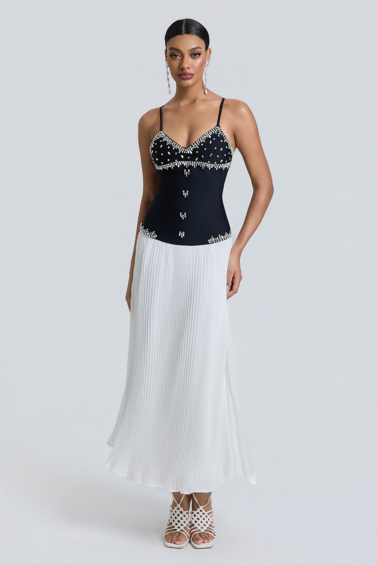 Bandage Splicing Chiffon Rhinestone Rivets Midi Dress