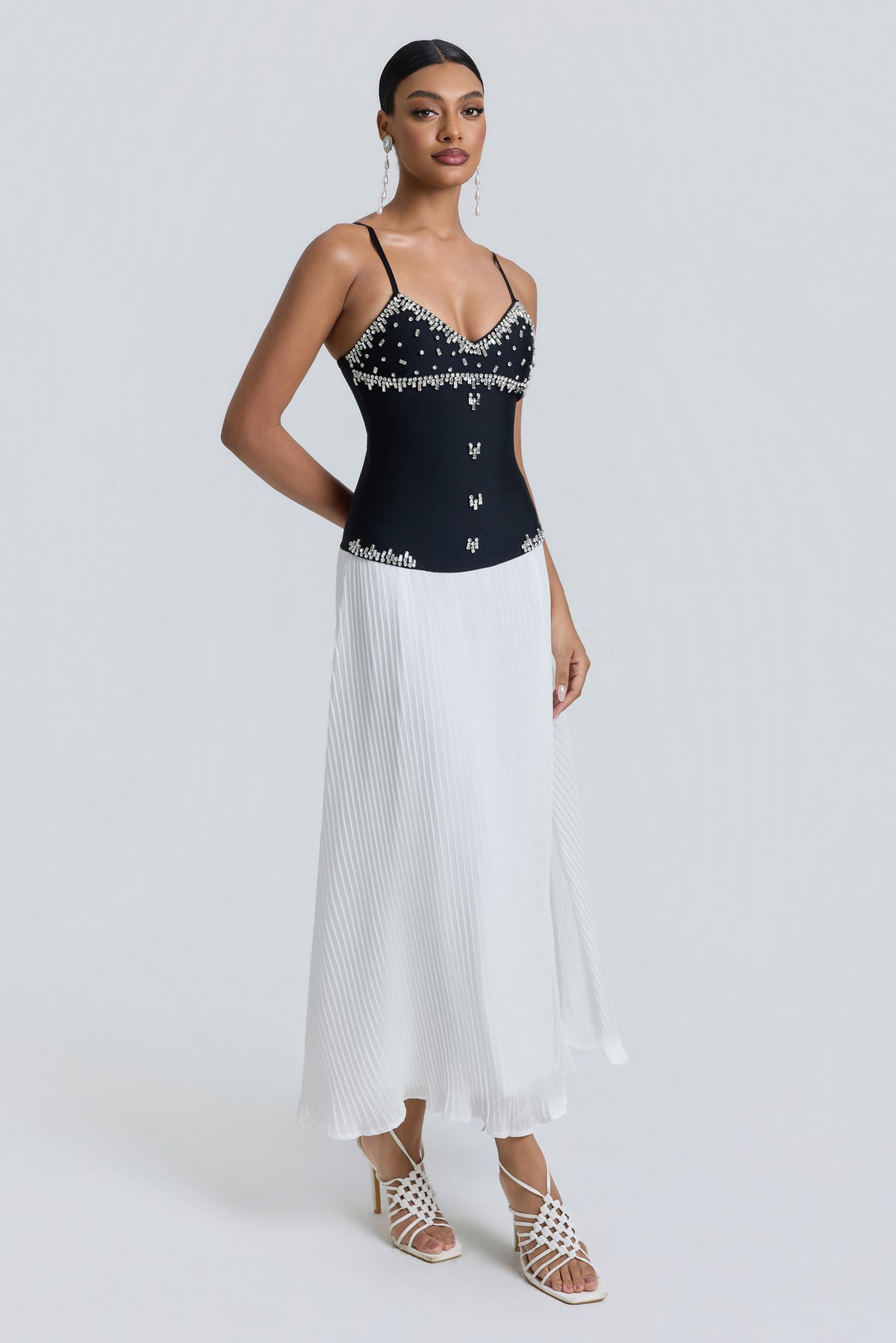 Bandage Splicing Chiffon Rhinestone Rivets Midi Dress