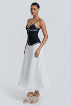 Bandage Splicing Chiffon Rhinestone Rivets Midi Dress