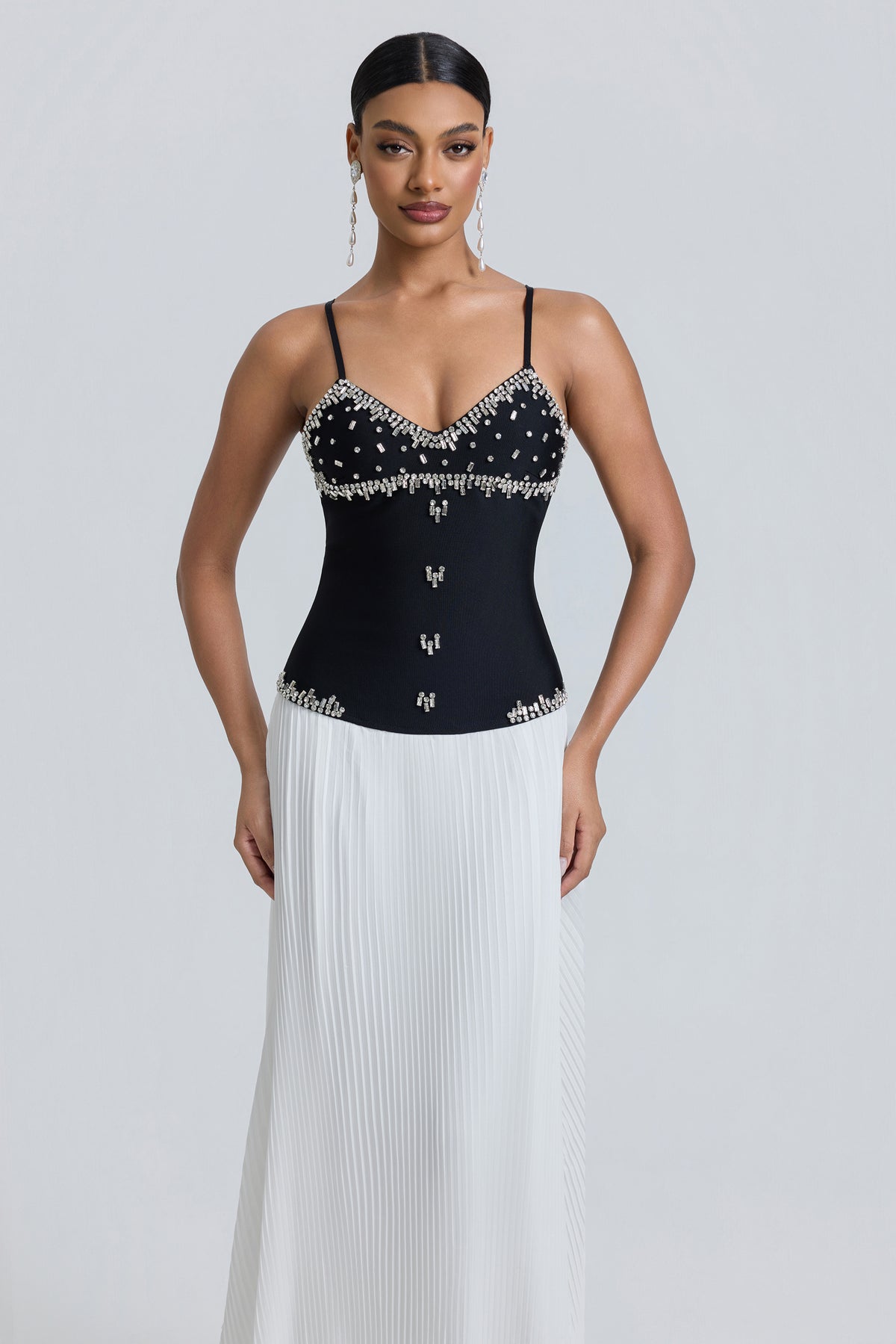 Bandage Splicing Chiffon Rhinestone Rivets Midi Dress