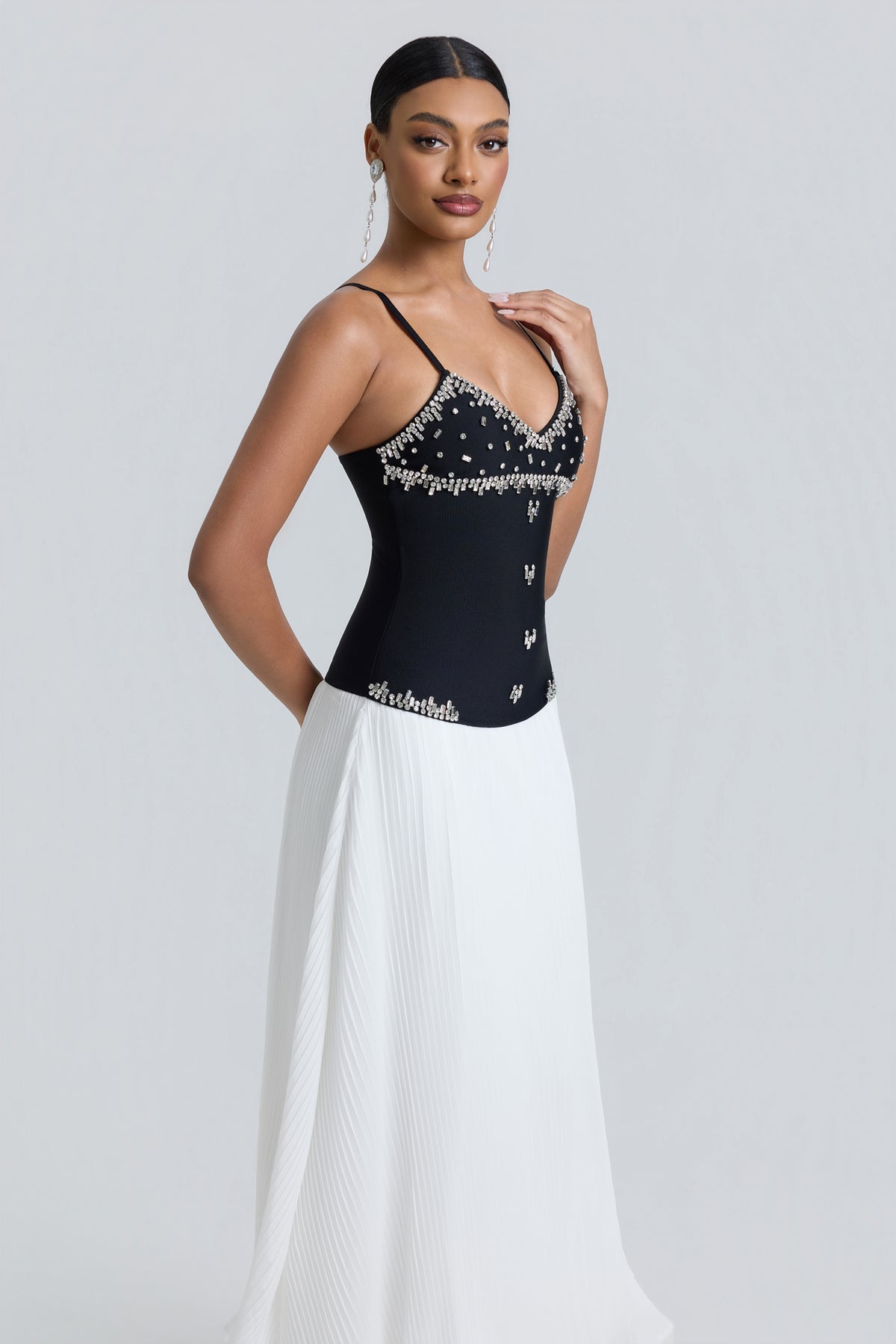 Bandage Splicing Chiffon Rhinestone Rivets Midi Dress