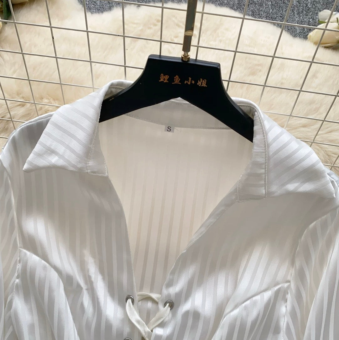 Lace-up White Striped Shirt