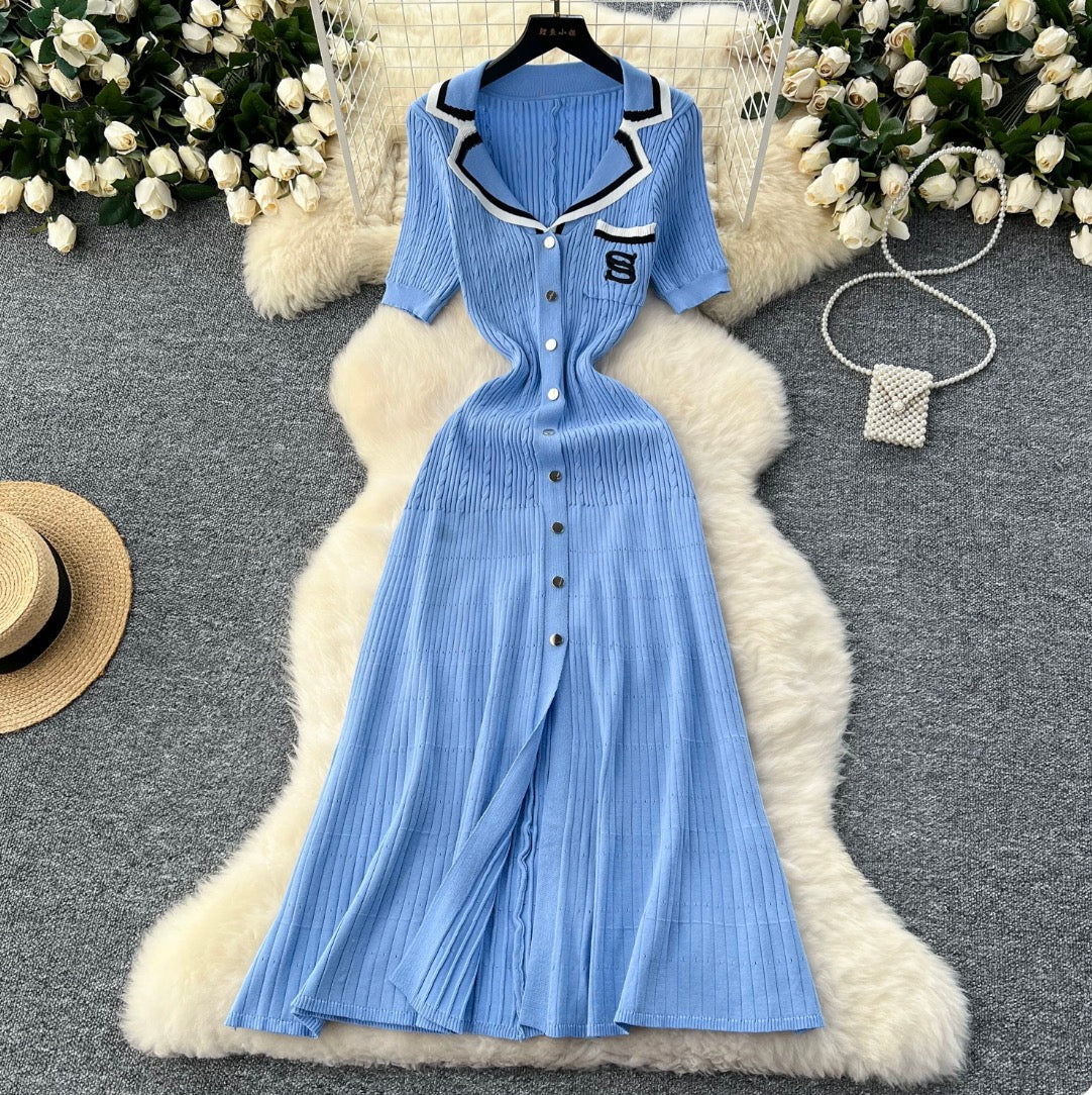 Vintage Lapeled Stretchy Knit Dress