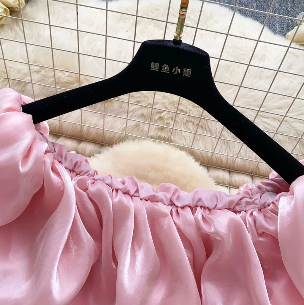 Off Shoulder Satin Ruffled Top