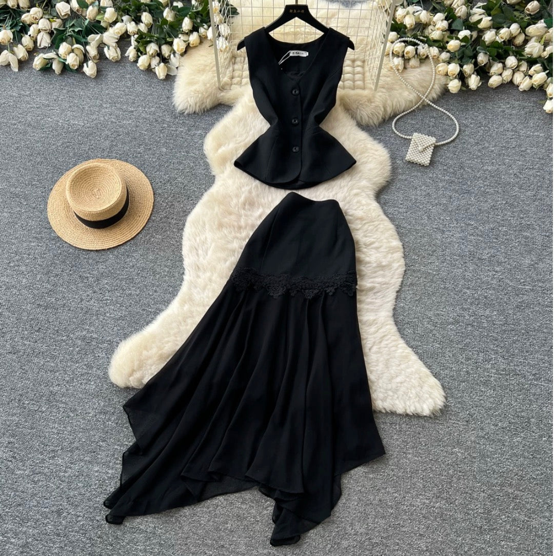 Vest & Skirt Lace Patchwork 2Pcs