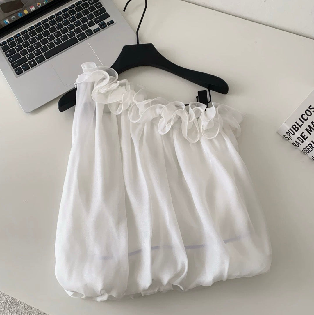 Sweetie Ruffled Neckline Mesh Top