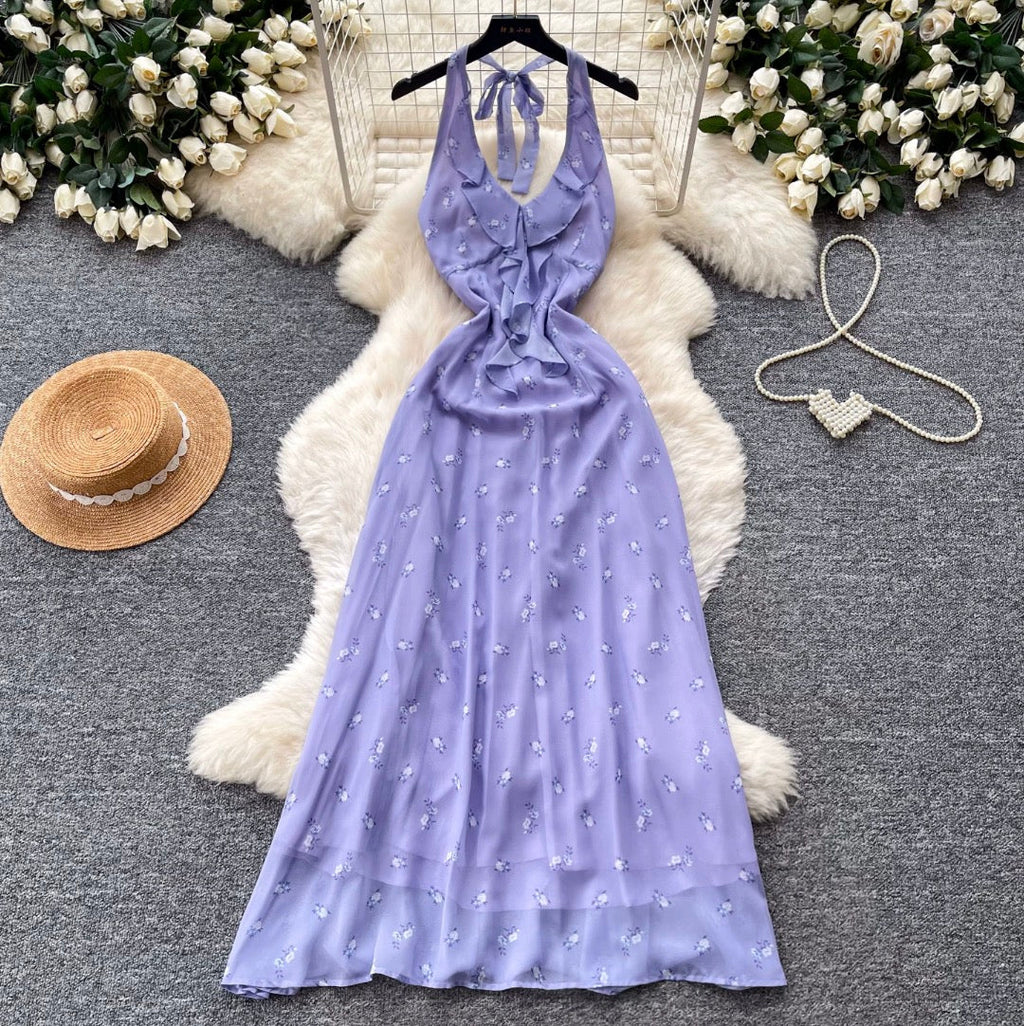 Floral Print Lace-up Halter Dress