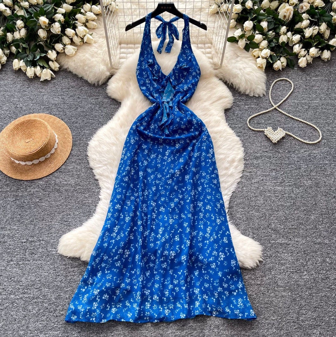 Floral Print Lace-up Halter Dress
