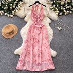 Floral Print Lace-up Halter Dress