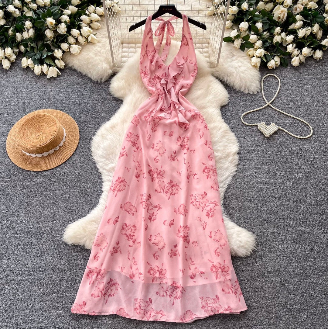 Floral Print Lace-up Halter Dress