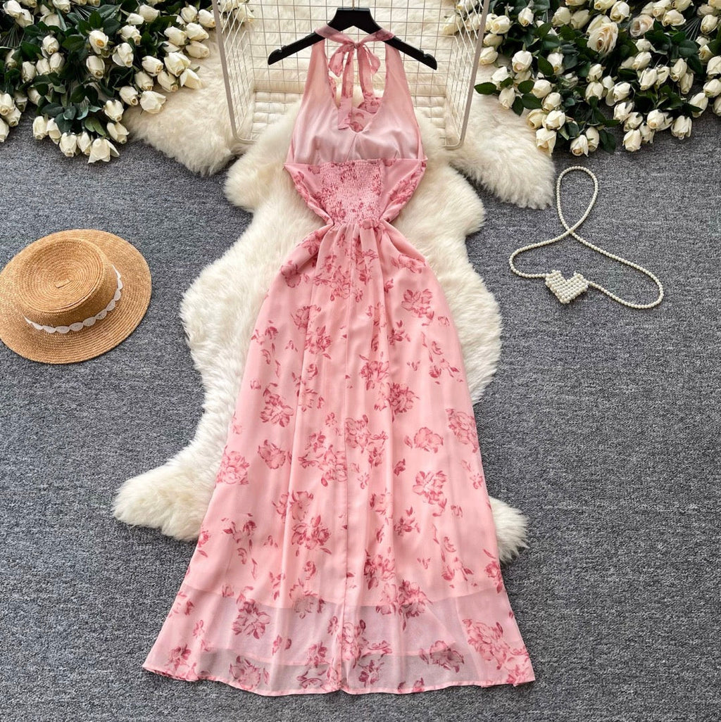 Floral Print Lace-up Halter Dress