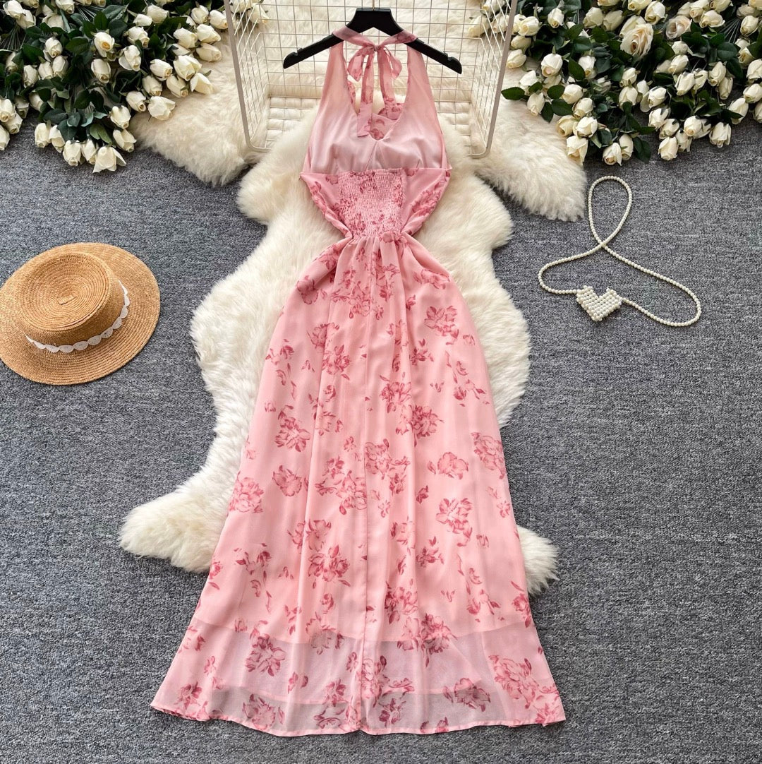 Floral Print Lace-up Halter Dress