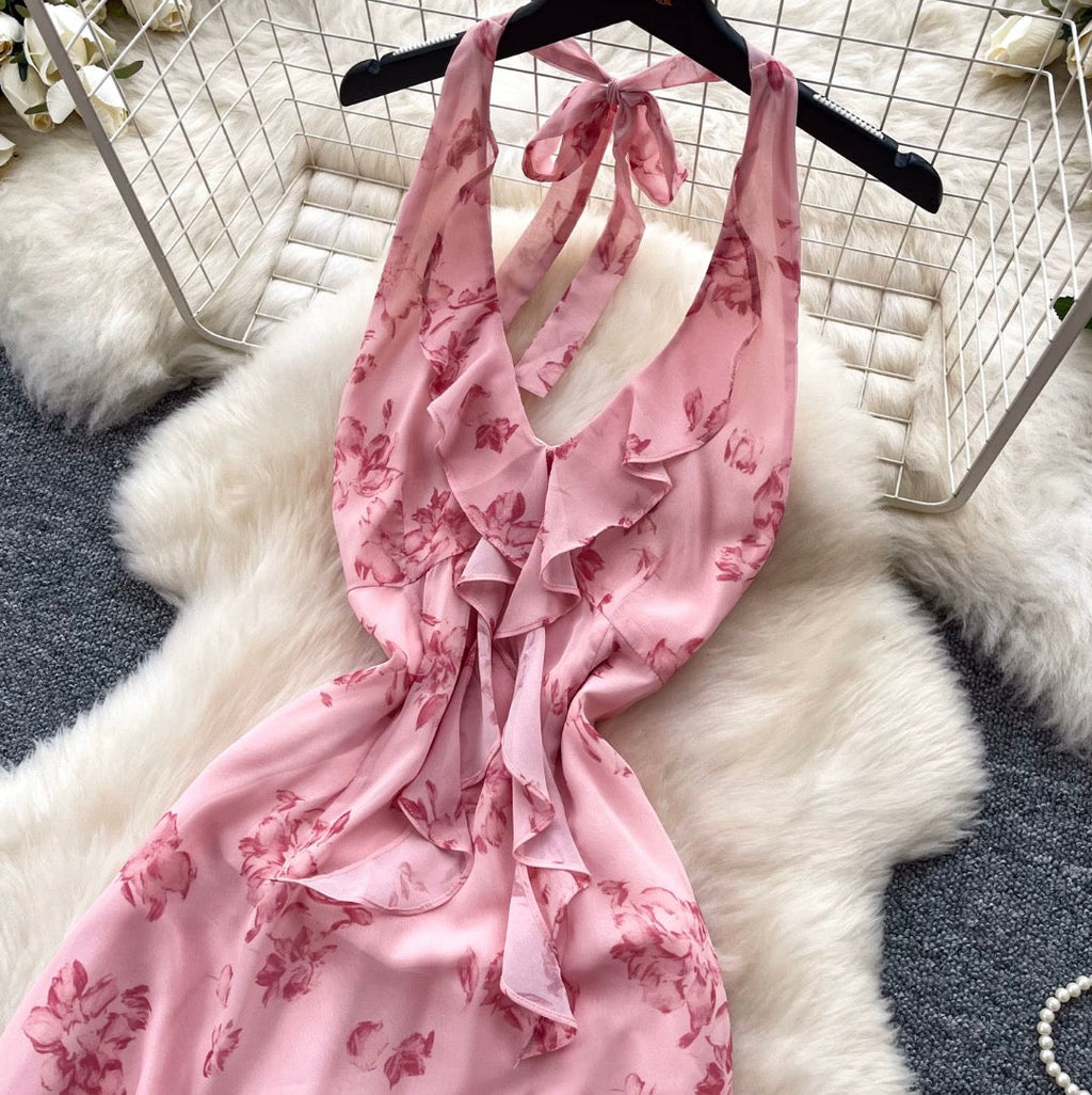 Floral Print Lace-up Halter Dress