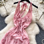 Floral Print Lace-up Halter Dress