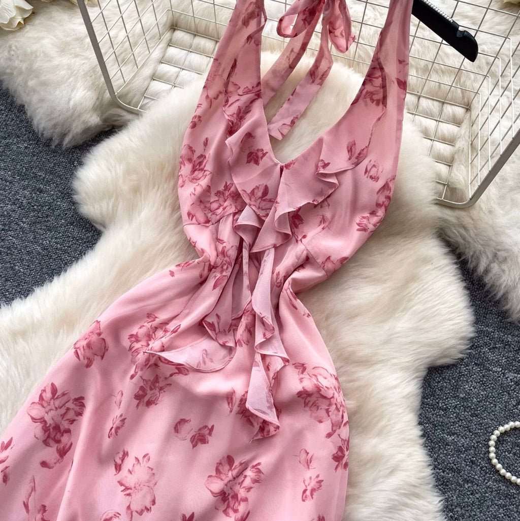 Floral Print Lace-up Halter Dress