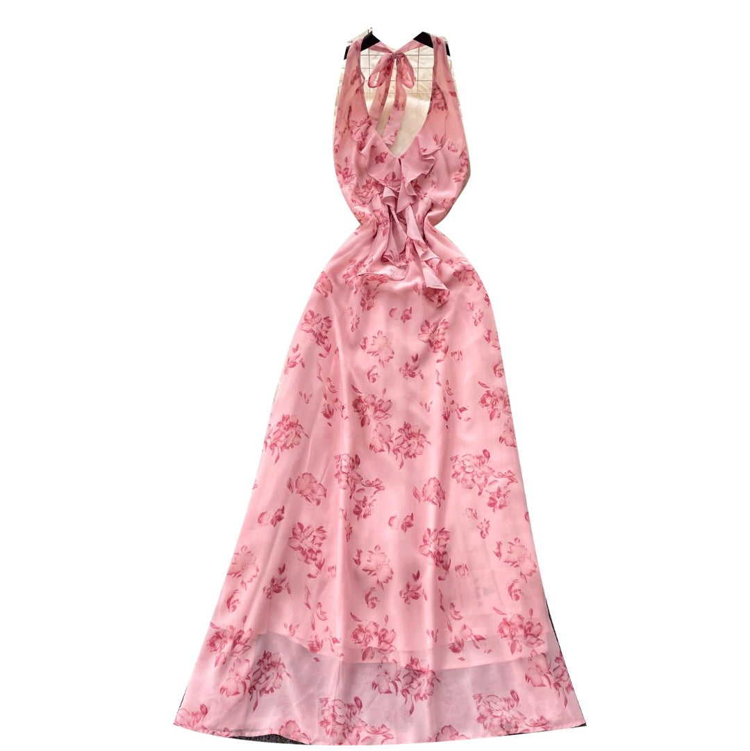 Floral Print Lace-up Halter Dress