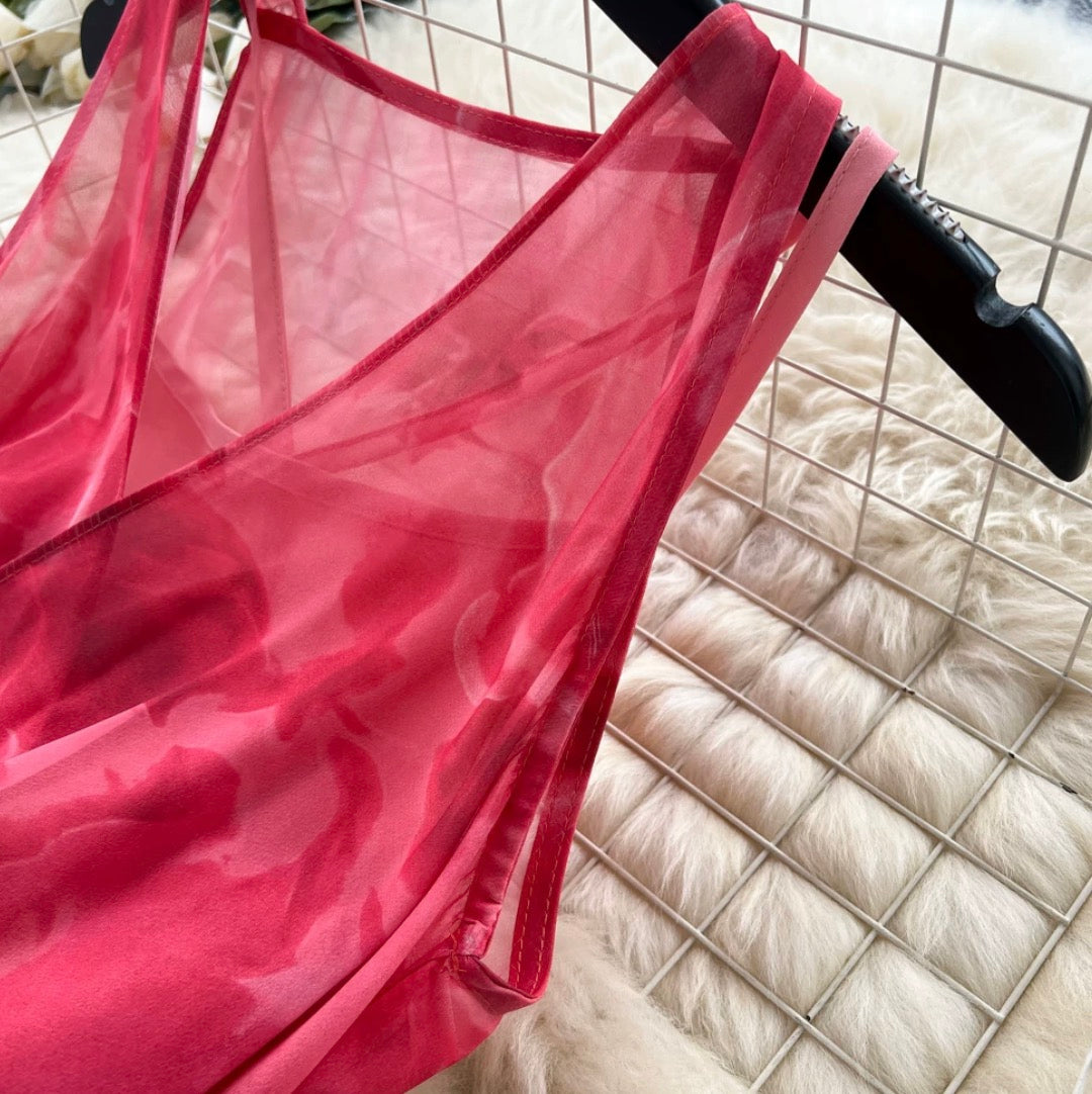 V-neck Red Floral Slip Dress