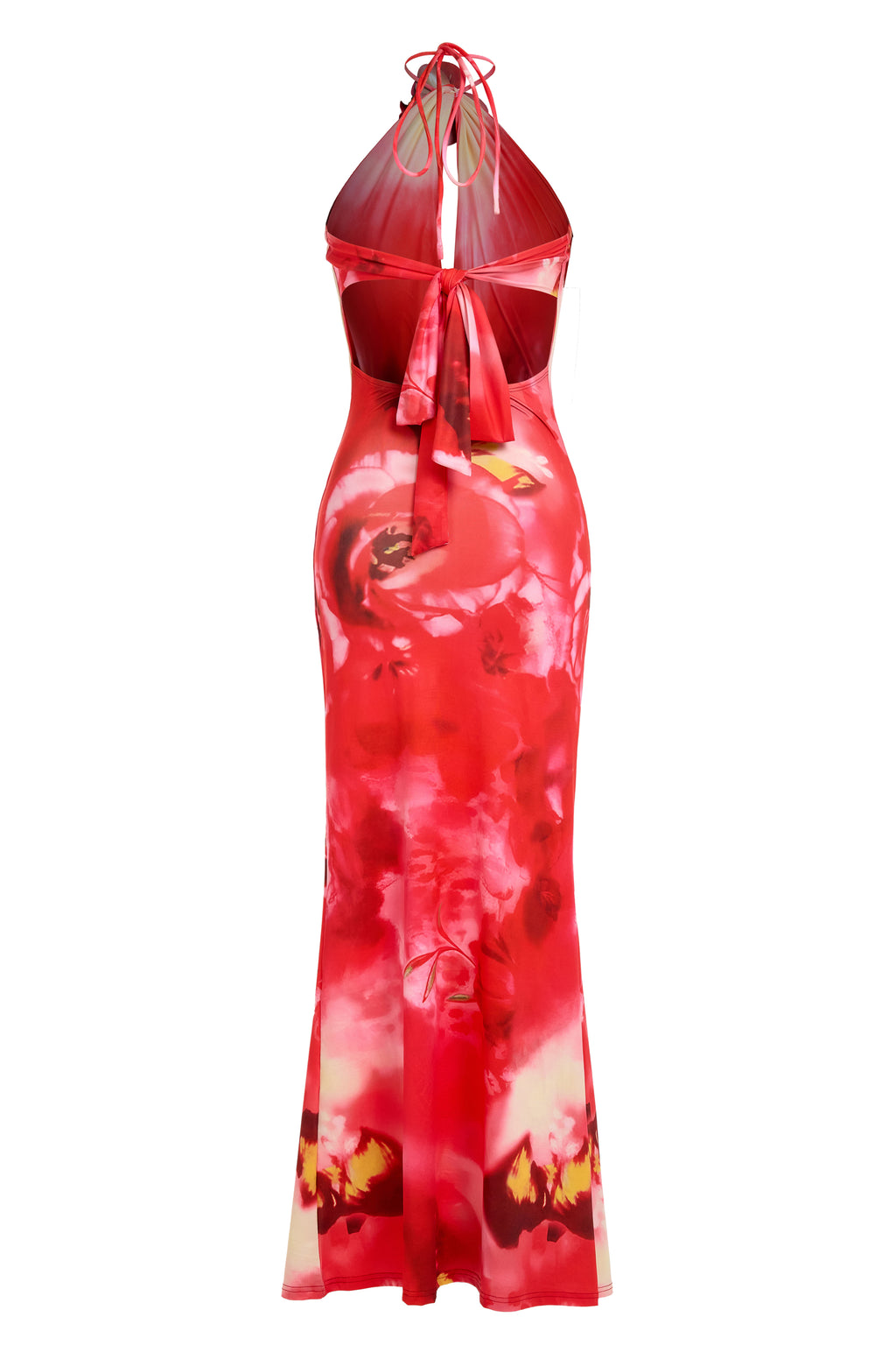 Abstract Print 3D Flower Halter Neck Maxi Dress