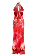 Abstract Print 3D Flower Halter Neck Maxi Dress