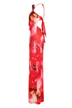 Abstract Print 3D Flower Halter Neck Maxi Dress
