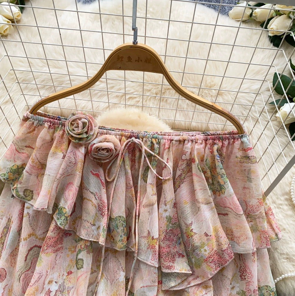 Off-shoulder Floral Print Ruffled Top