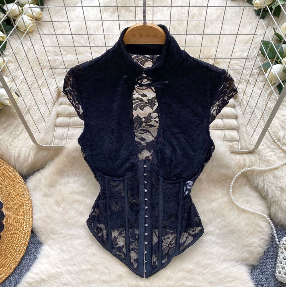 Sexy Black Lace Fishbone Top