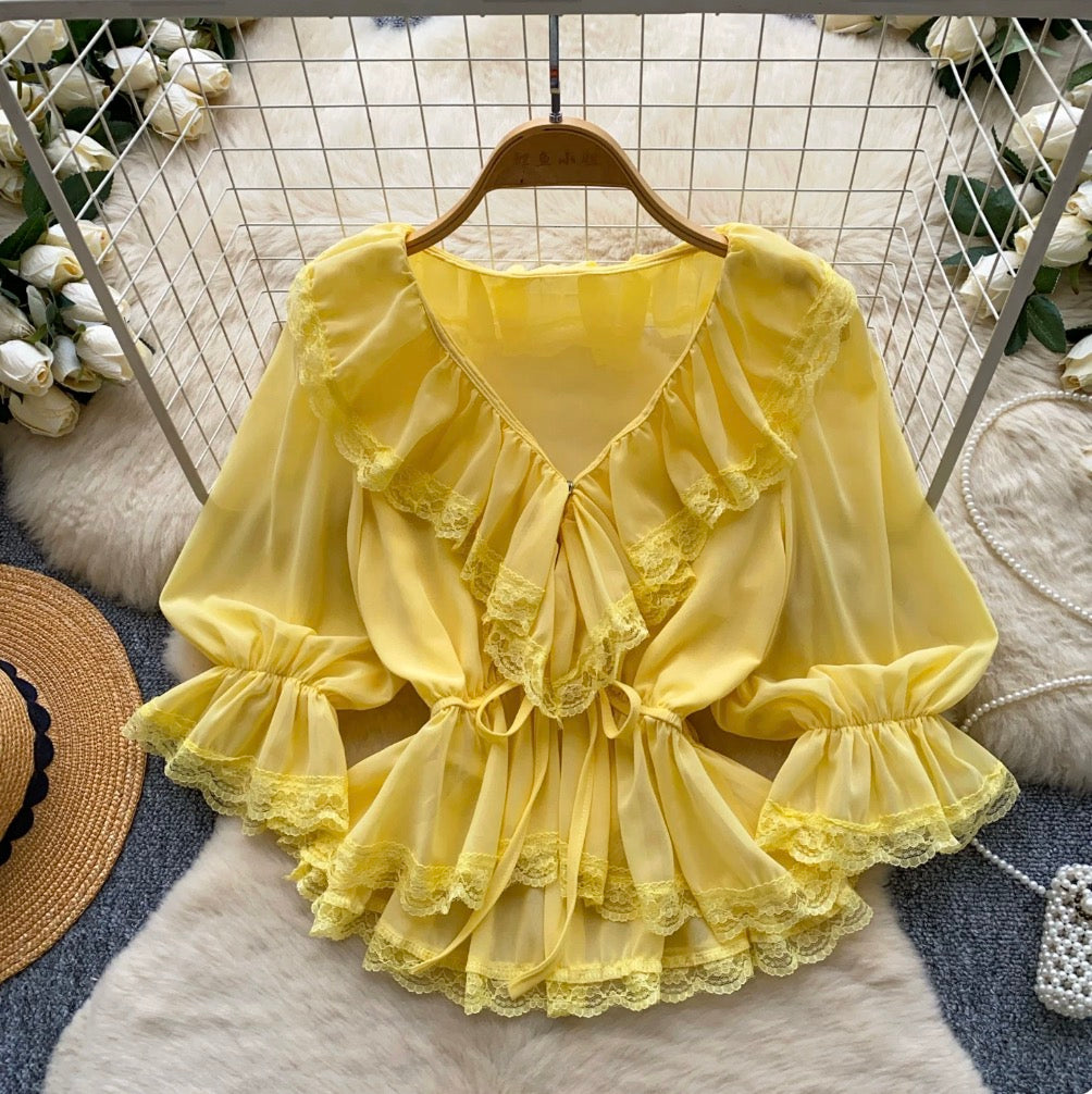 V-neck Ruffled Lace Shirt