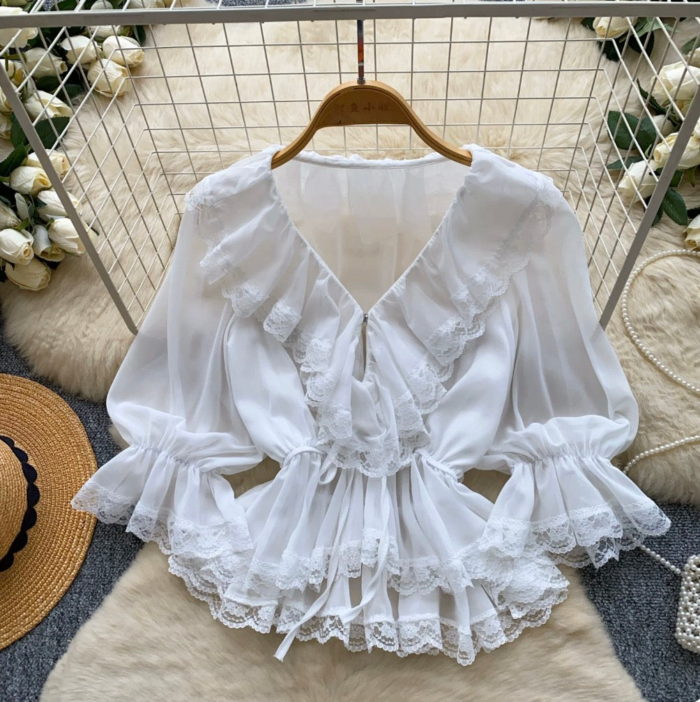V-neck Ruffled Lace Shirt
