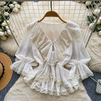V-neck Ruffled Lace Shirt