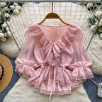 V-neck Ruffled Lace Shirt
