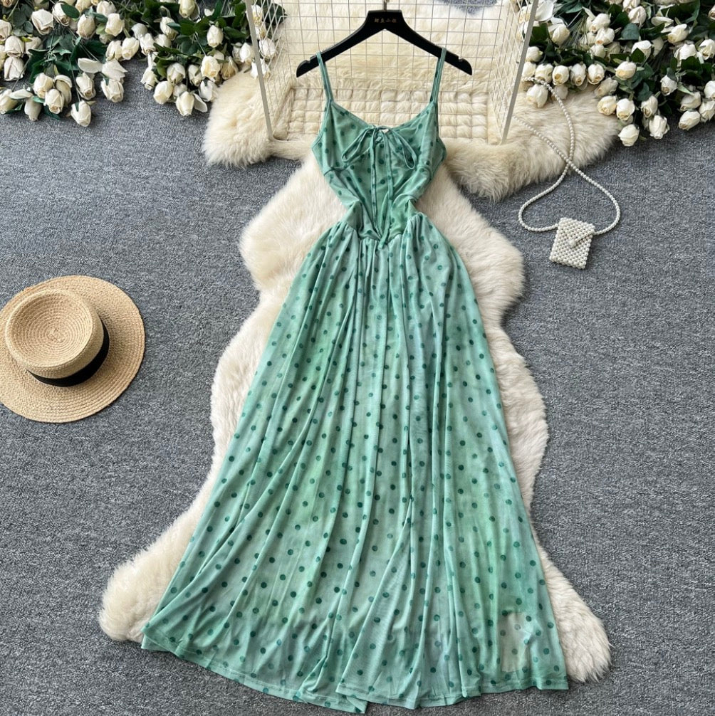 Polka Dot Print Green Slip Dress