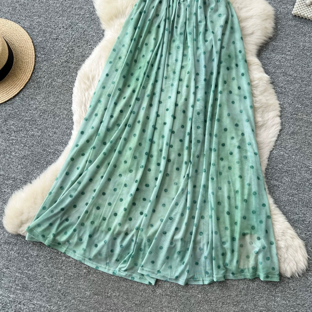 Polka Dot Print Green Slip Dress