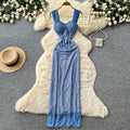 Backless Blue Lace Slip Dress