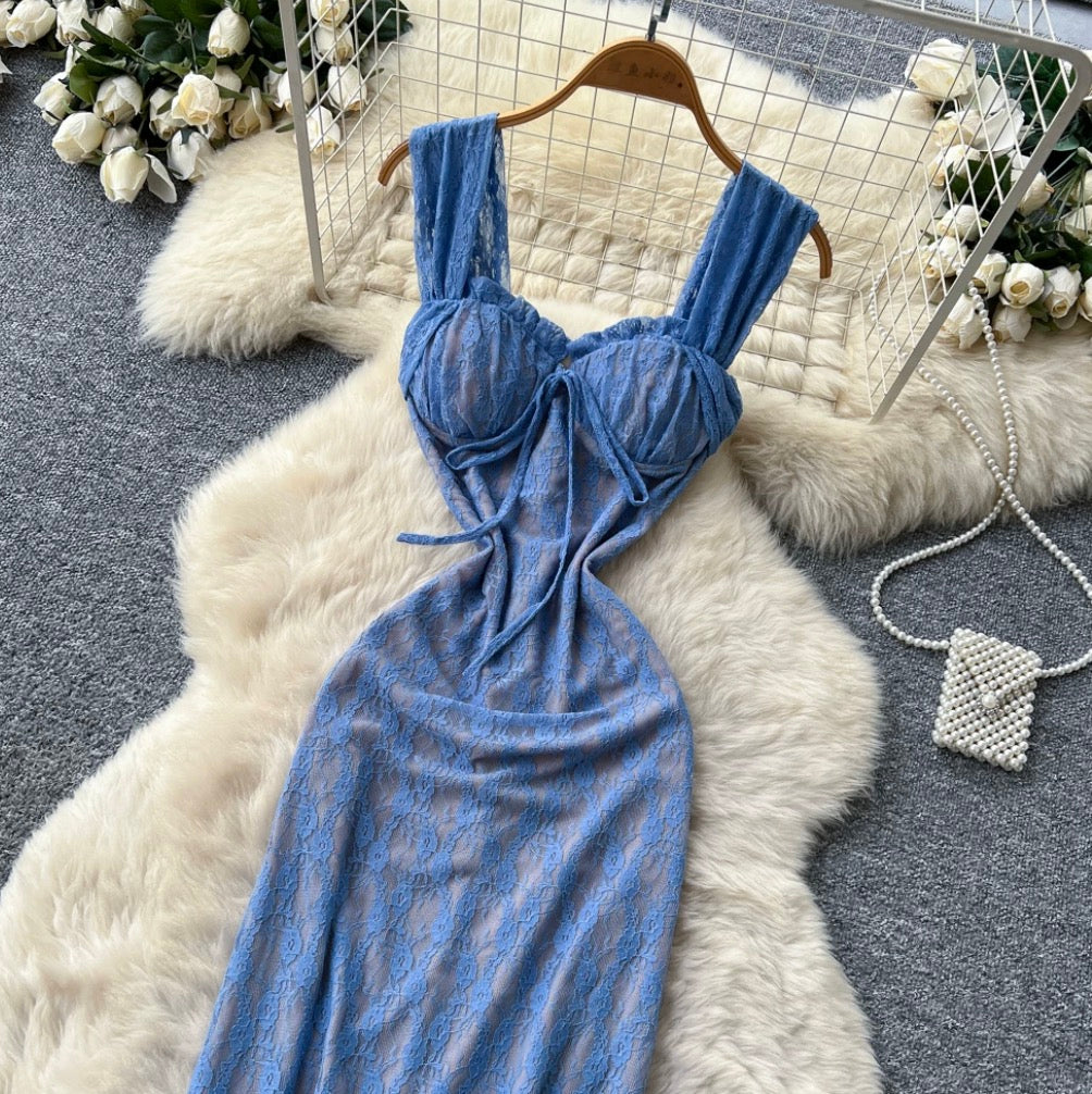 Backless Blue Lace Slip Dress