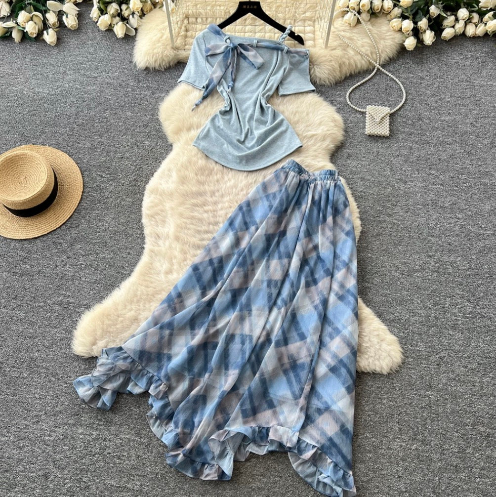 Sweetie Plaid Top & Skirt Patchwork 2Pcs