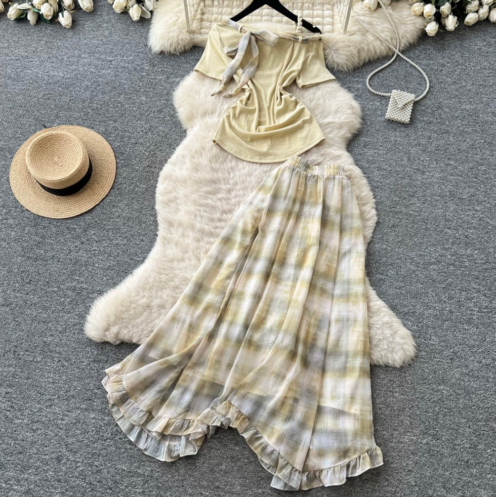 Sweetie Plaid Top & Skirt Patchwork 2Pcs
