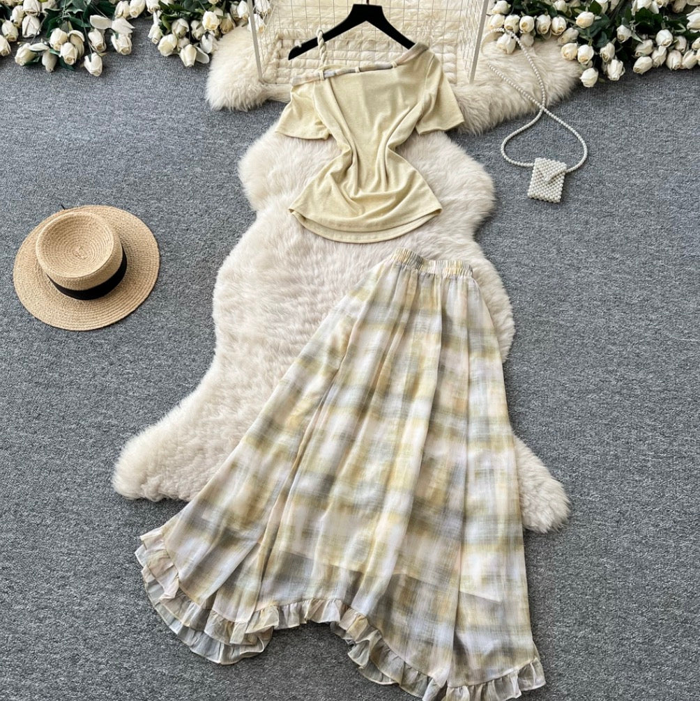 Sweetie Plaid Top & Skirt Patchwork 2Pcs
