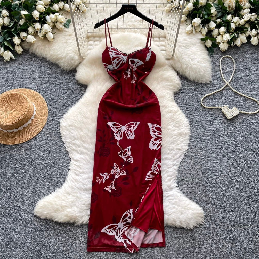 Vintage Butterfly Print Slip Dress