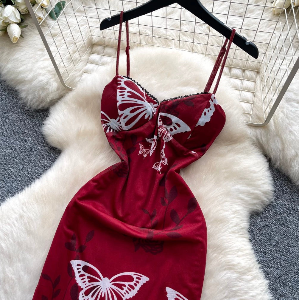 Vintage Butterfly Print Slip Dress