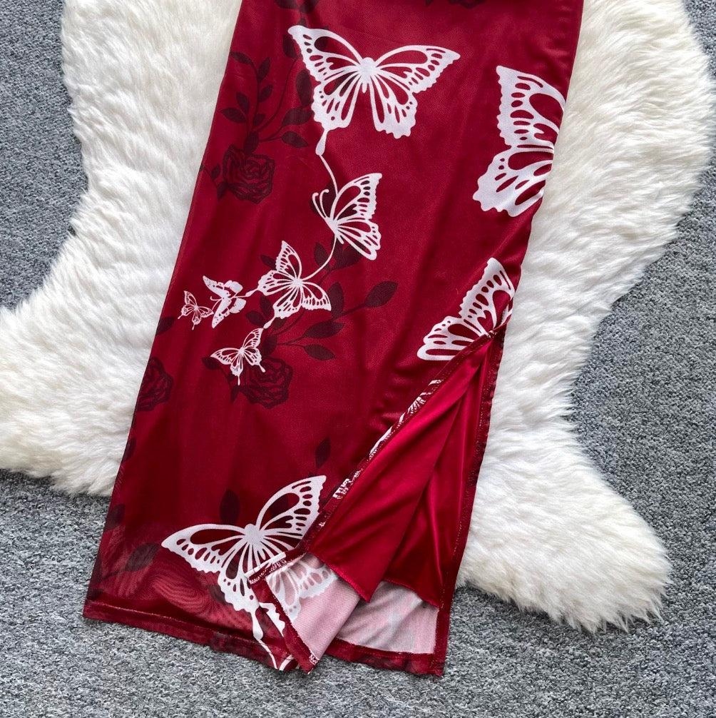 Vintage Butterfly Print Slip Dress
