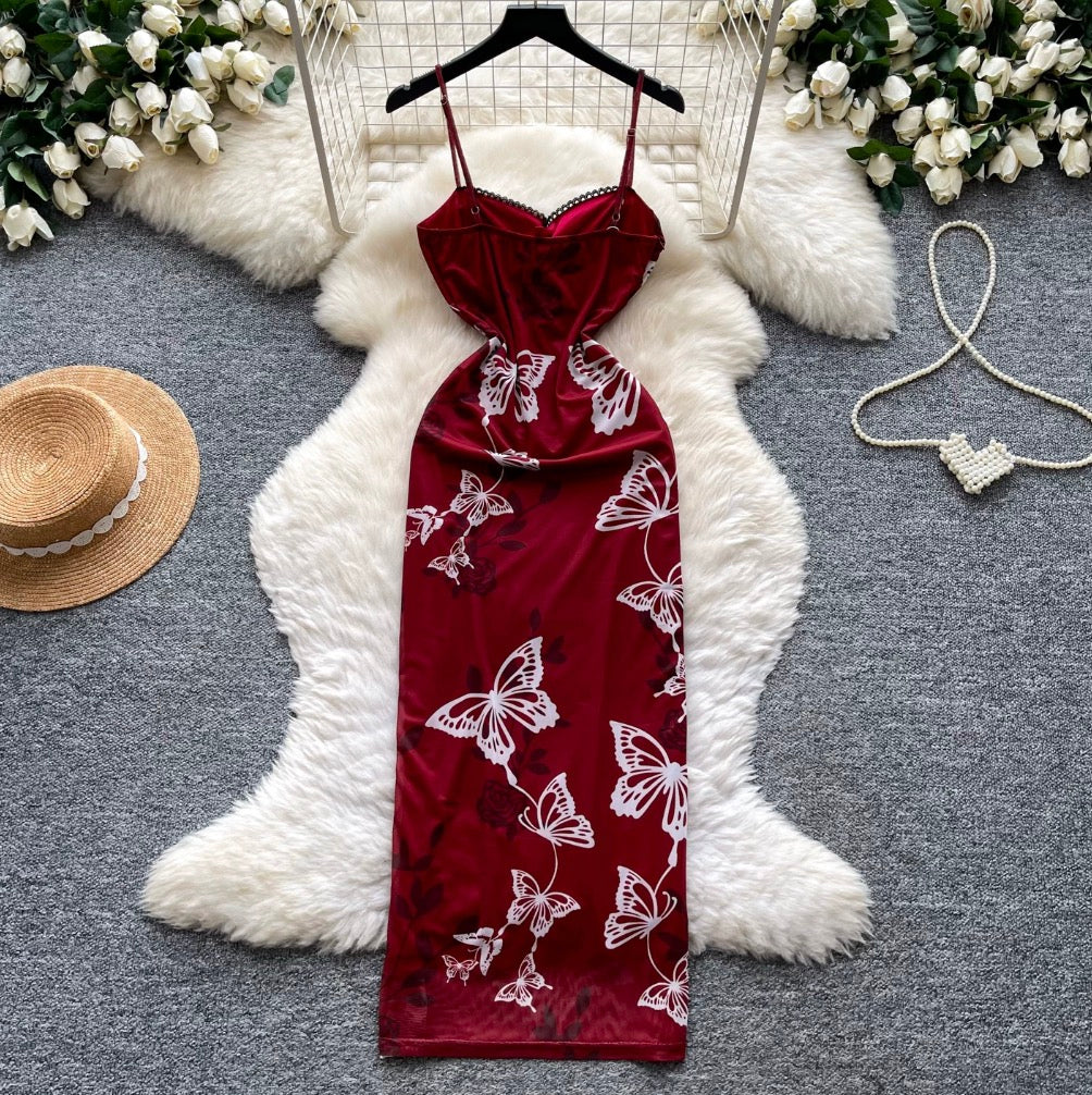 Vintage Butterfly Print Slip Dress